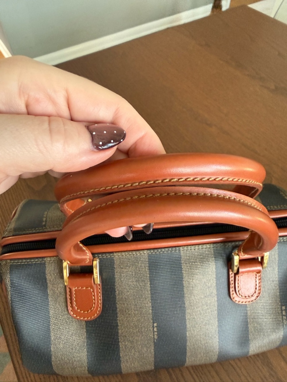 Fendi Brown and Black Striped Canvas Shoulder Bag with Tan Leather Trim - Picture 3 of 16